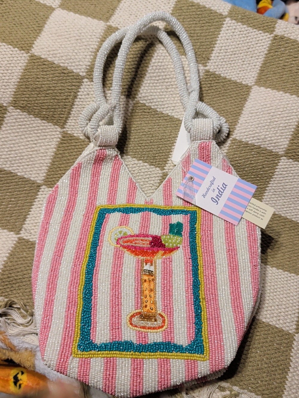 Handcrafted In India Pink Striped Beaded Cocktail Tote NWT
